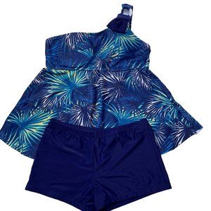 Casoda One Shoulder Tankini Boy Short Swimsuit Size Medium Blue Starburts